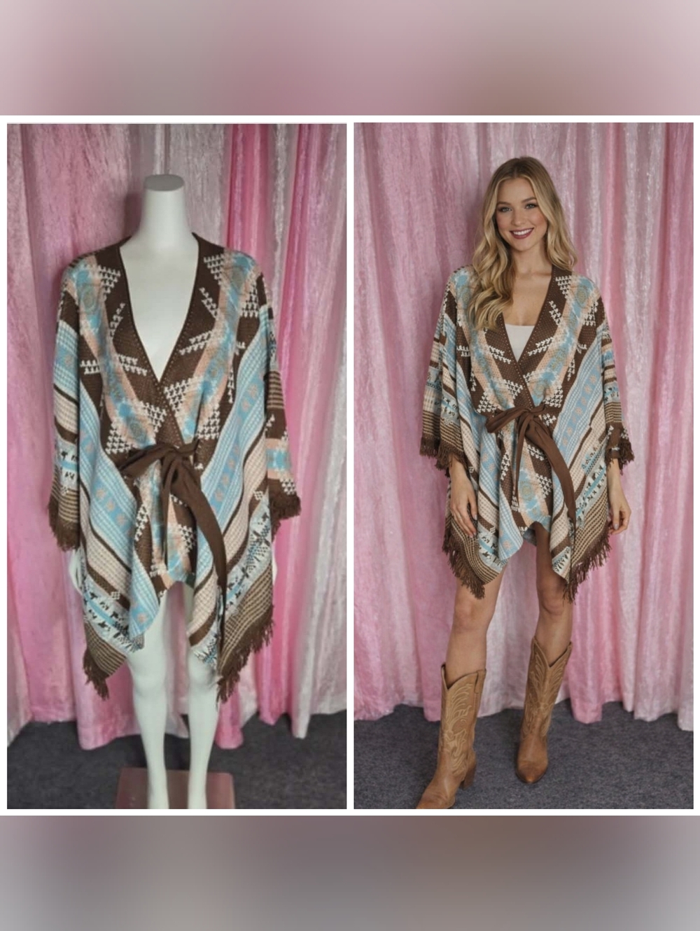 Rock & Roll Cowgirl Knit Aztec Print Fringed Western Poncho Size Small Medium